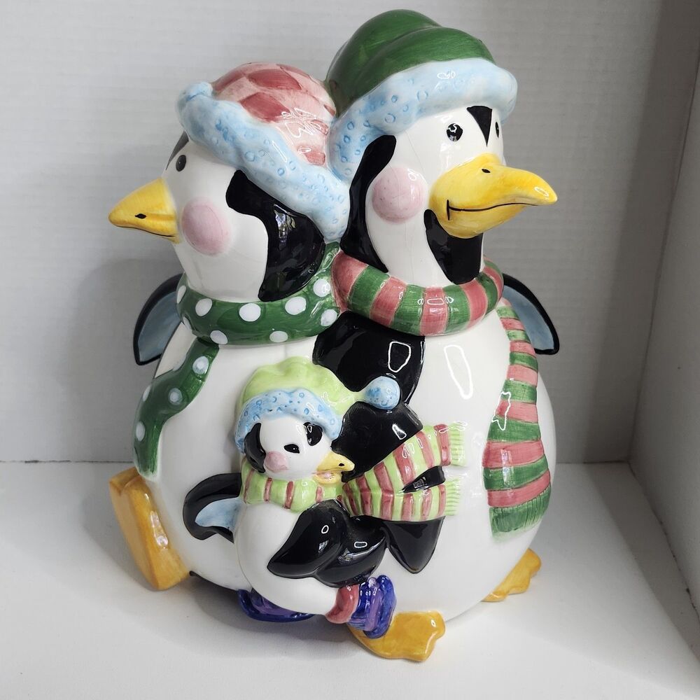Holiday Penguin Family Ceramic Cookie Jar Christmas Mercuries  12"